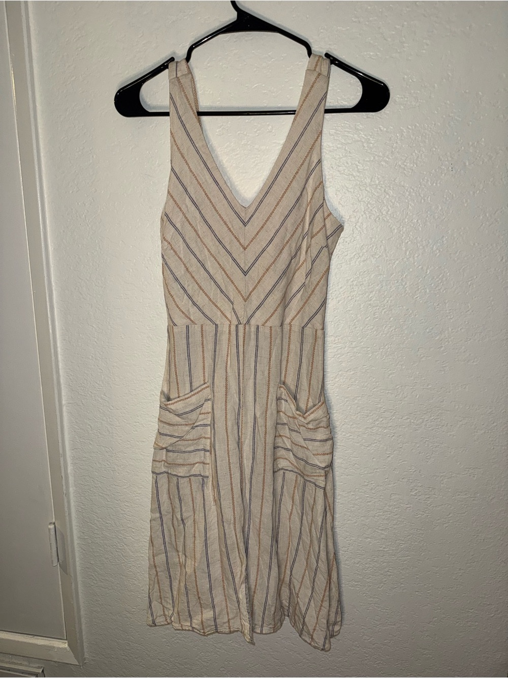 Monteau Cream Midi Dress with Blue and Tan Stripes